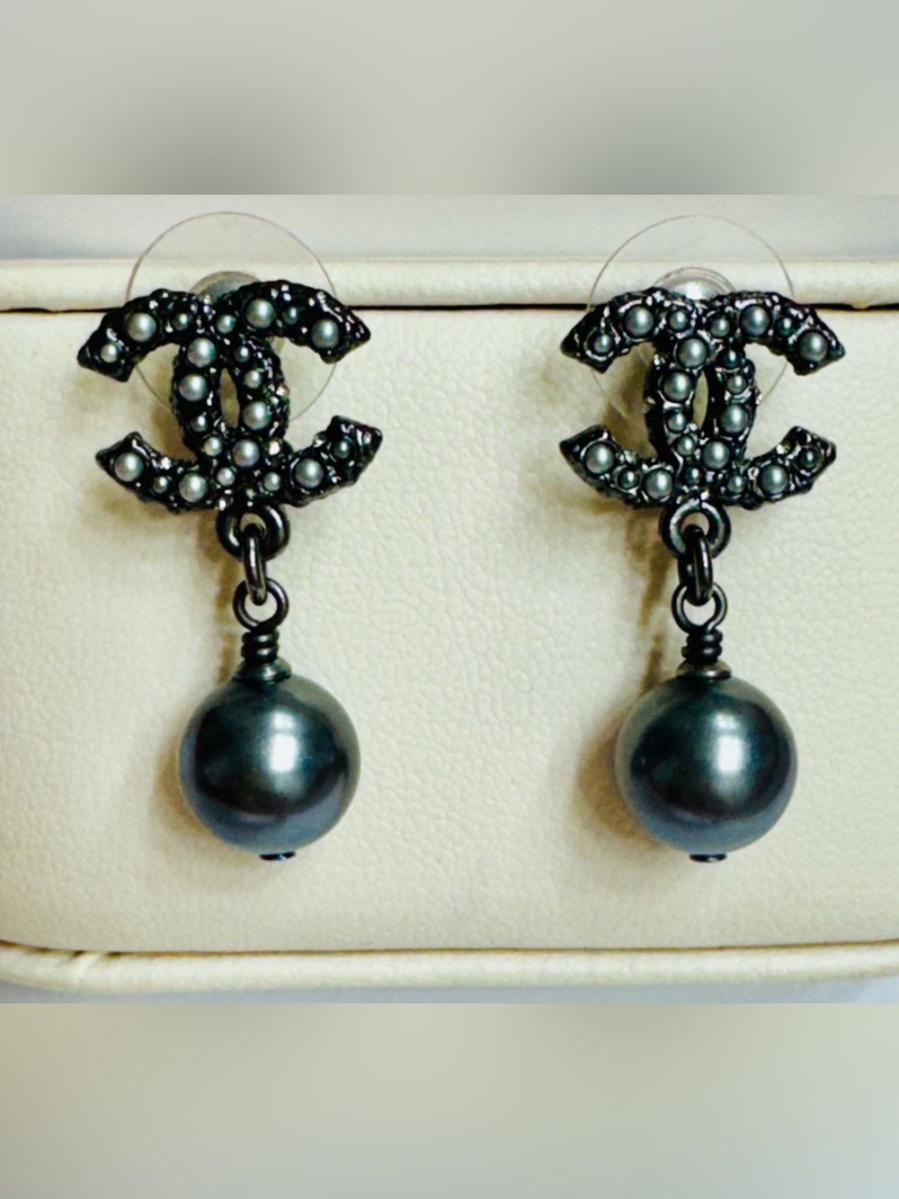 100% Authentic Chanel Black Pearl Drop  Earrings